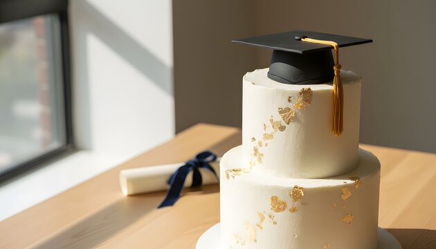 Elegant white graduation cake with mortarboard and gold leaf on a wooden table near a diploma, representing an education success concept for a graduation ceremony