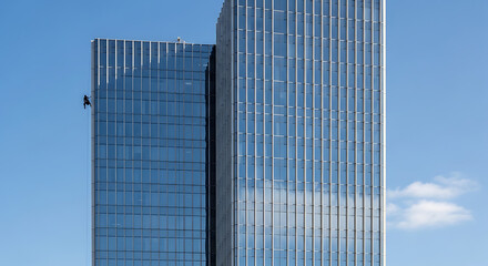 Fototapeta premium Professional window cleaner meticulously maintaining the gleaming glass exterior of a towering city high-rise