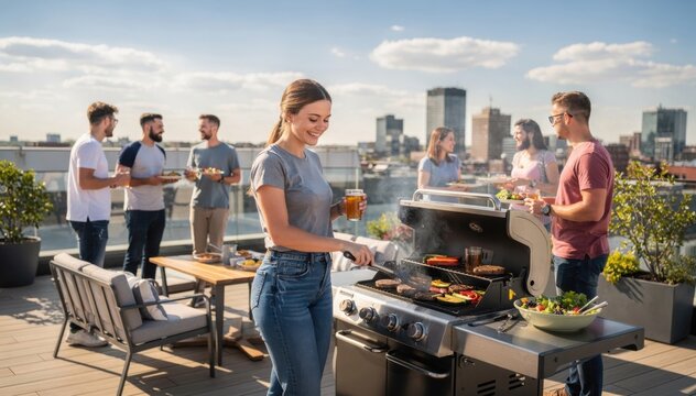 Smiling young woman grilling burgers and vegetables at a sunny rooftop BBQ party with friends; group of people enjoying food and drinks against a beautiful city skyline and urban background.