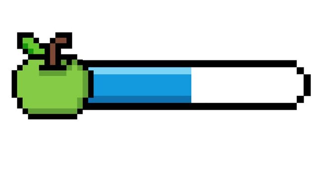 Retro pixel art video game health bar interface featuring a vibrant green apple icon and progress meter for user interface designs and gaming projects