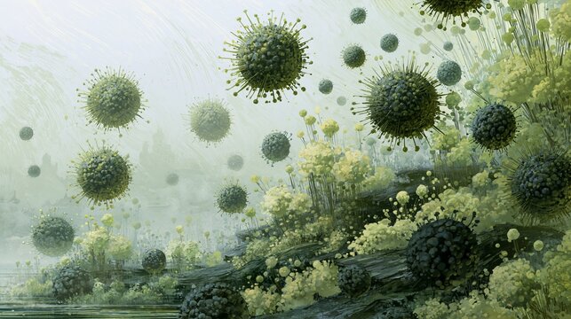 Tiny germs appear large against a hazy backdrop.