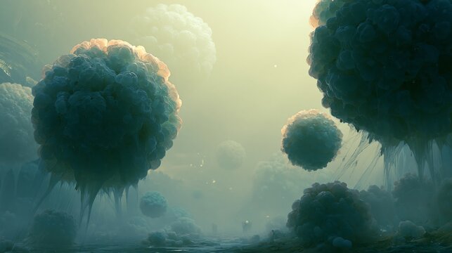 Tiny germs appear large against a hazy backdrop.
