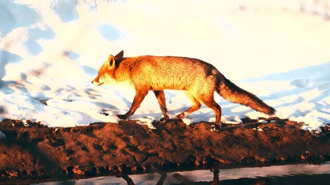 Red fox walking across a beautiful snow covered landscape in winter