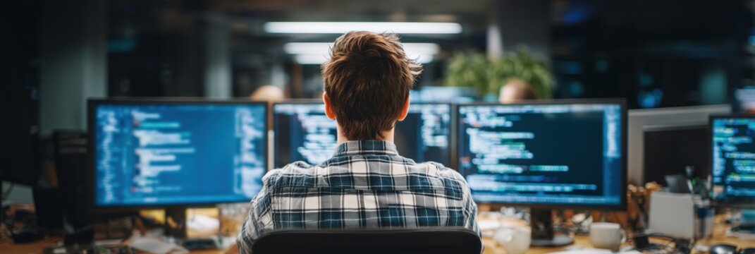 オフィスのコンピュータプログラマーが複数のモニターを使用して作業しているシーン。仕事やIT関連のコンテンツに適した画像。