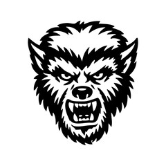 Logotipo con dibujo minimalista con líneas de la cabeza de un hombre lobo con la boca abierta enseñando los colmillos, visto de frente © teracreonte
