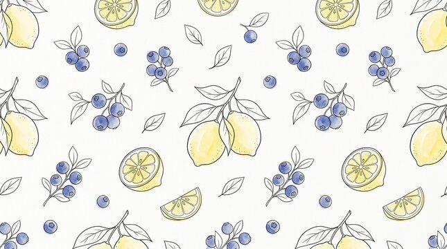 features a charming, seamless pattern of lemons and blueberries on a crisp white background.
