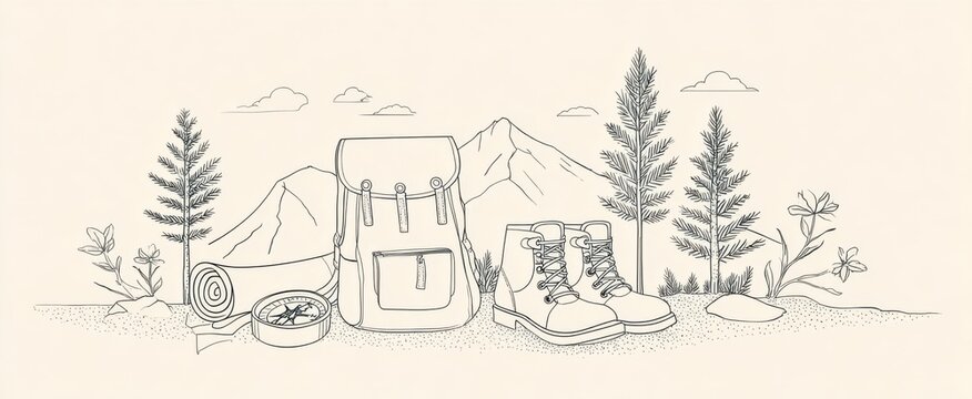 Autumn mountain icon travel set features doodles of trees backpack and hiking boots.