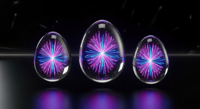 Three glossy transparent easter eggs with glowing neon blue and pink firework patterns inside on black dark floor.