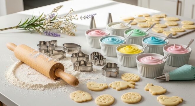Baking supplies with rolling pin cookie cutters and bowls of colorful frosting on white kitchen table surface.