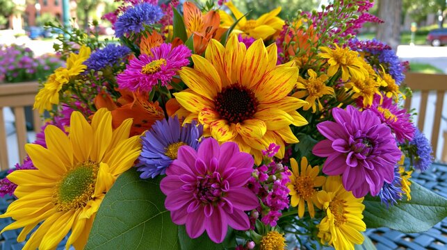 Bright summer flowers, a colorful mix, were arranged for a birthday. The scene was outside.