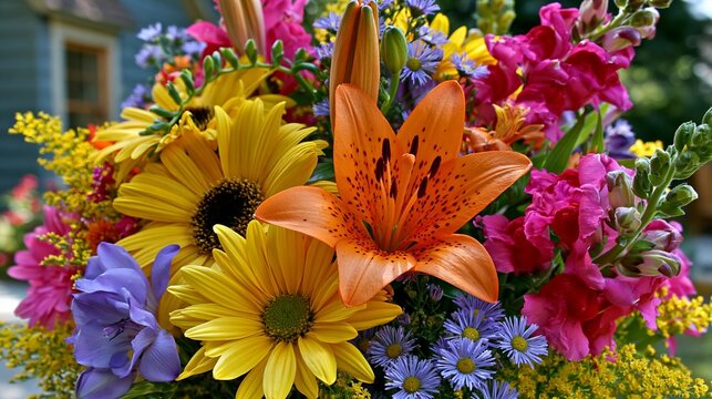 Bright summer flowers, a colorful mix, were arranged for a birthday. The scene was outside.