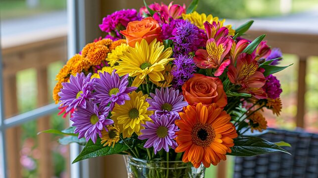 Bright summer flowers, a colorful mix, were arranged for a birthday. The scene was outside.