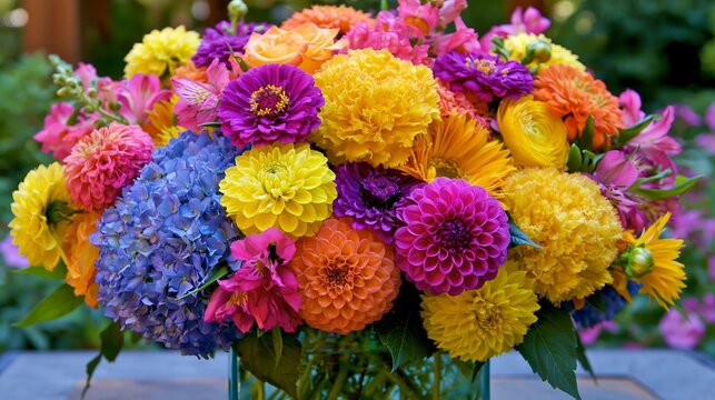 Bright summer flowers, a colorful mix, were arranged for a birthday. The scene was outside.