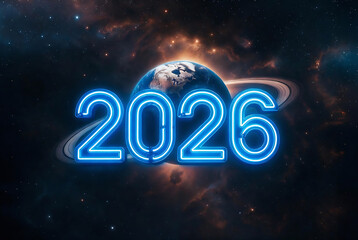 Fototapeta premium The image depicts the year 2026 overlaid on a digitally rendered depiction of Earth within a cosmic nebula.