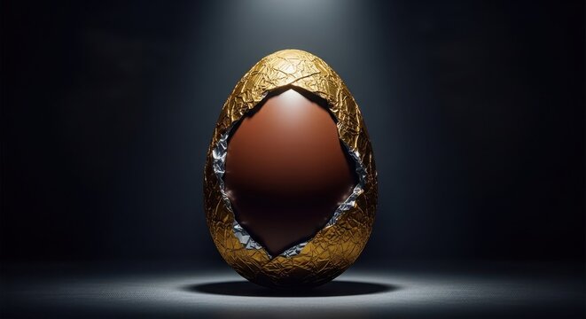 Single premium chocolate egg with torn gold foil wrapping isolated against dark moody background studio product shot.