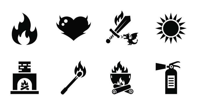 8 Fire silhouette icons flame dragon sword sun fireplace match campfire extinguisher, solid black style, safety set