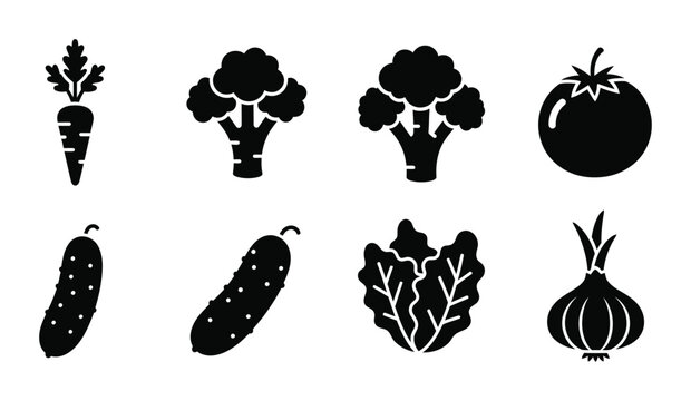 8 Vegetable silhouette icons carrot broccoli tomato cucumber lettuce onion, solid black style, organic food set
