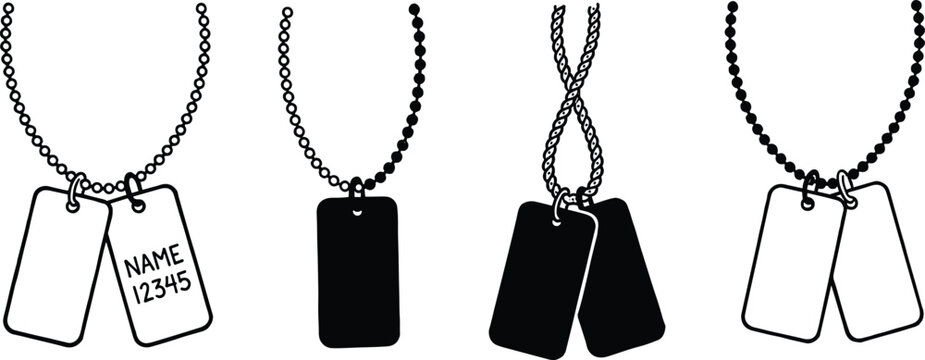 Set of four pairs of military dog tags hanging on chains representing identification security and personal recognition in minimalist design