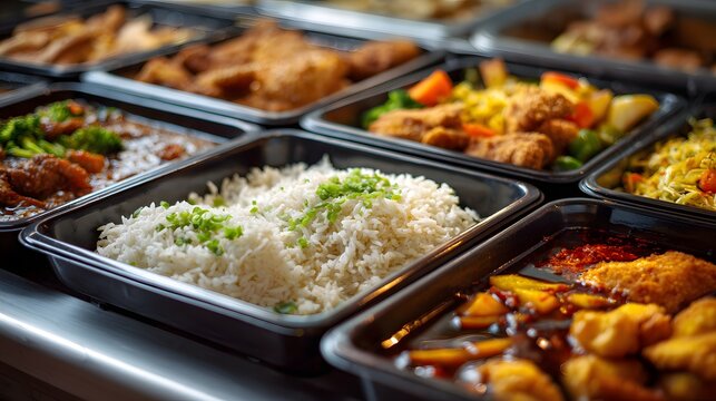 Close-up of canteen food trays with rice and side dishes.