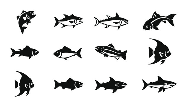 12 Fish silhouette icons tuna shark salmon trout, solid black style, seafood restaurant animals