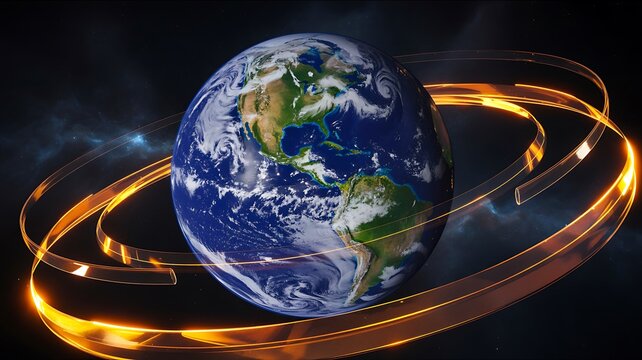 Earth planet with glowing orbital energy rings in deep outer space