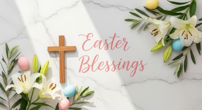 Easter blessings text with wooden cross and fresh white lily flowers on marble stone background surface top view.