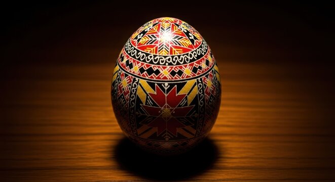 Intricate traditional romanian painted easter egg with geometric patterns on dark wooden table with soft lighting.