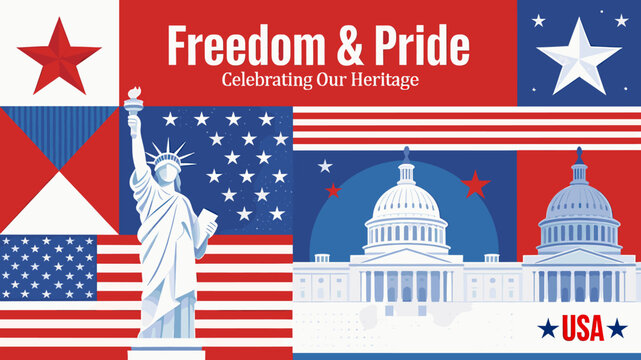 Freedom and Pride: Celebrating Our Heritage, featuring the Statue of Liberty and the U.S. Capitol Building against a backdrop of American flags and patriotic symbols.