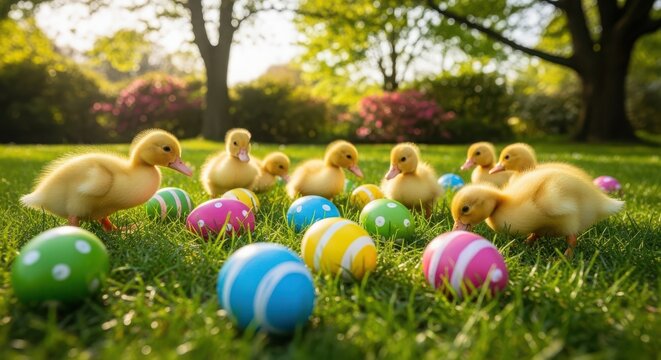 Group of cute yellow ducklings playing in sunny meadow filled with bright painted eggs during springtime festival.