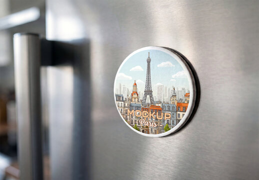 Circular Fridge Magnet Mockup on Metal Refrigerator Door