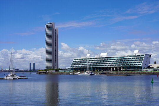 Modern Architecture of Novotel Marina Hotel and Skyscraper at Waterfront Harbor in Recife, Pernambuco, Brazil