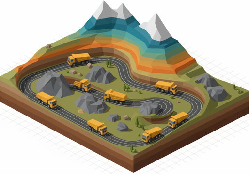 Mining trucks on a winding road in a colorful mountain landscape.