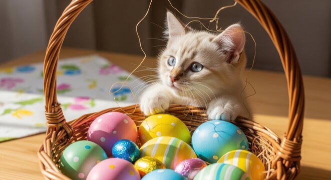 Cute kitten peeking over wicker basket filled with colorful decorated easter eggs on wooden table background.