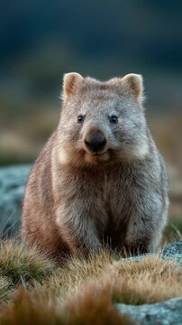 Close up of a cute wombat in a natural landscape, adorable wildlife portrait with soft fur and peaceful outdoor atmosphere
