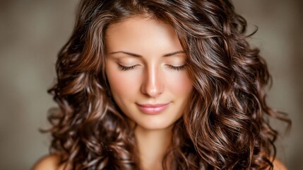 Naklejka premium A portrait of a woman with her eyes closed and luxurious hair provides an elegant backdrop for advertisements for cosmetics, beauty salon services and concepts of inner peace.