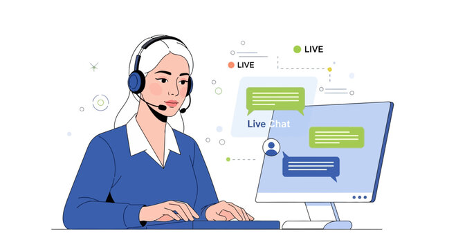 Customer Service Operator Working On Computer With Live Chat Interface