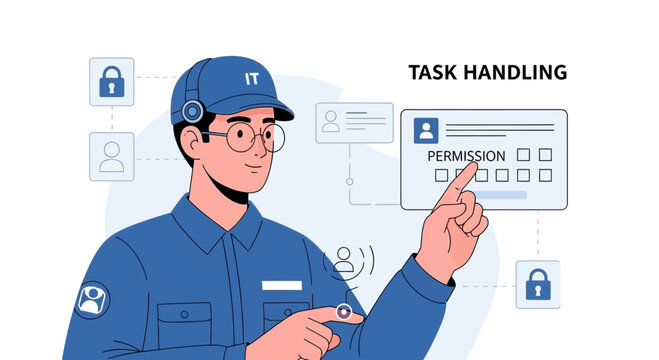 IT professional managing tasks and permissions with digital icons