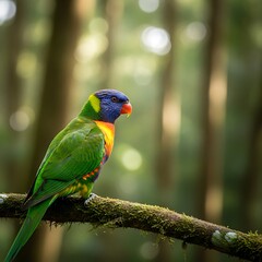 Naklejka premium Green parrot sitting on tree branch in natural forest