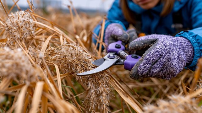 Hands clad in gloves use secateurs to cut dry ears of corn in a field, illustrating the harvesting process and providing a natural backdrop for articles on gardening and agricultural work.