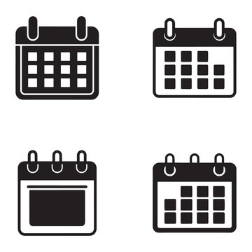Set of four calendar icons in black and white with different designs and layouts for planning and organization purposes