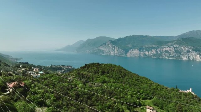 Aerial view of Malcesine town and Castello Scaligero beside Lake Garda in summer
