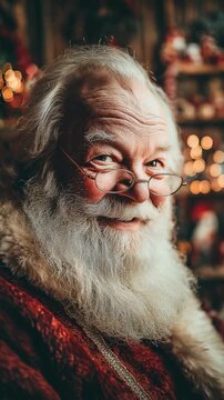 close up face of a Santa Claus with bokeh light looking at camera 