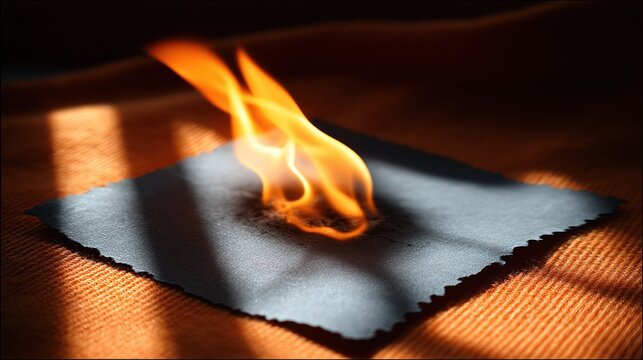 Commercial high angle close-up of burnt paper and orange textured surface in diagonal composition, jagged charred edge.