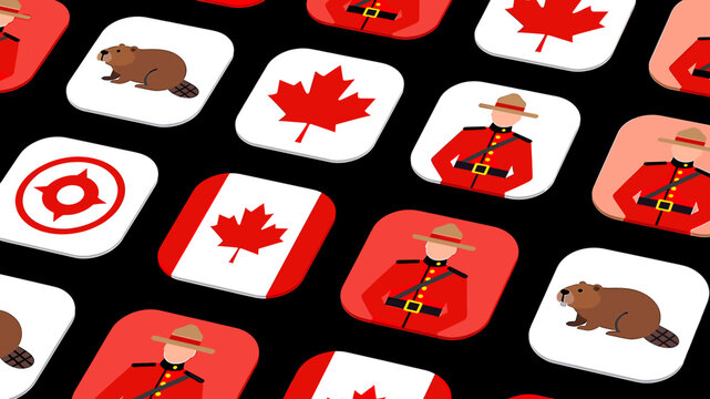 A vibrant collection of Canadian cultural icons, including maple leaves, beavers, and Mounties, arranged in a repeating pattern on a dark background.