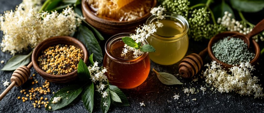 Natural honey, pollen and elderflowers presented in wooden bowls create a richly textured backdrop that highlights the benefits of natural products for healthy eating, 
