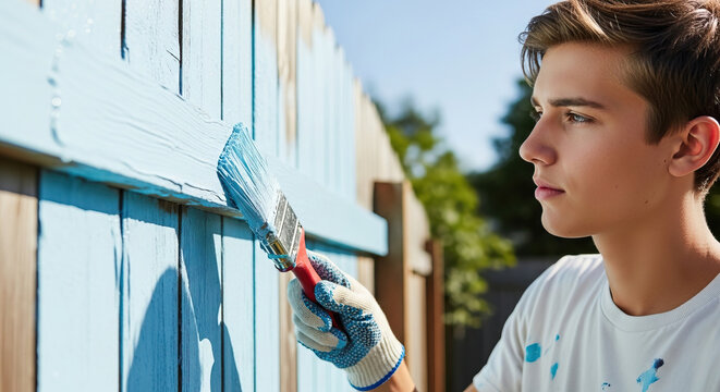 Teenager painting blue fence during outdoor summer job. Scene conveys responsibility, work experience, youth employment, independence, and seasonal labor