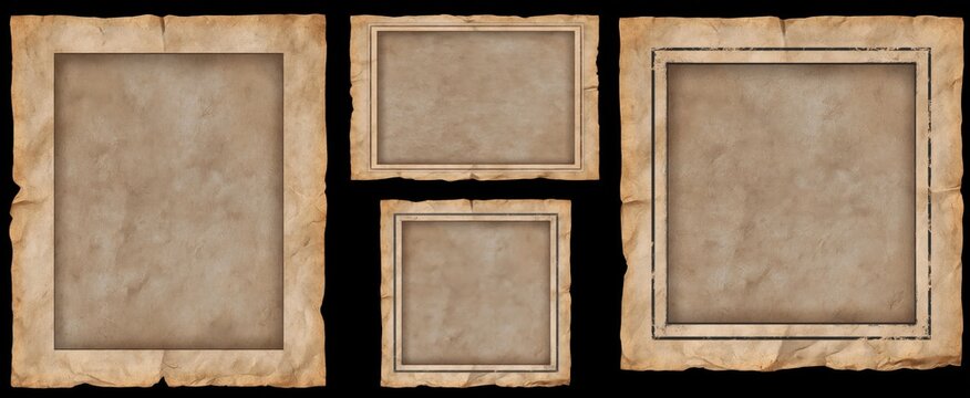 Retro aged parchment texture features creases with vintage photo frame templates in grunge style.