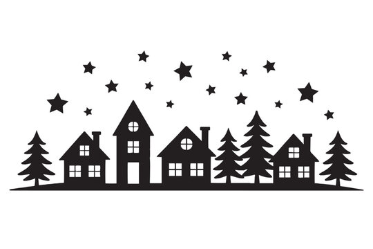 Minimalist winter village silhouette, black house and pine tree forest border, starry night sky landscape vector for Christmas cards and holiday decor