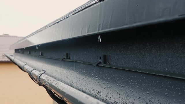 Rain dripping from metal roof gutter system during heavy rainfall.