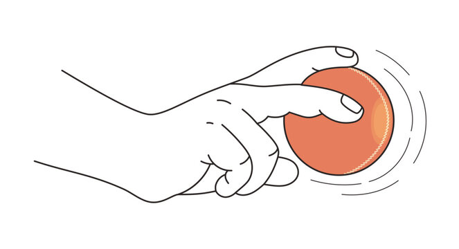 Leg Spin Cricket Bowling Release Technique. Red Leather Ball Grip Side View. Professional Athlete Hand Position for Wrist Spin. Minimalist Vector Illustration